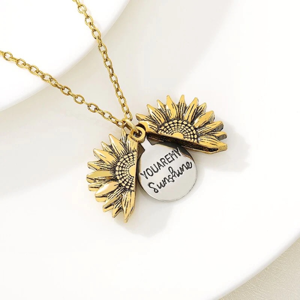 Sunflower necklace with hidden message: “You are my Sunshine”